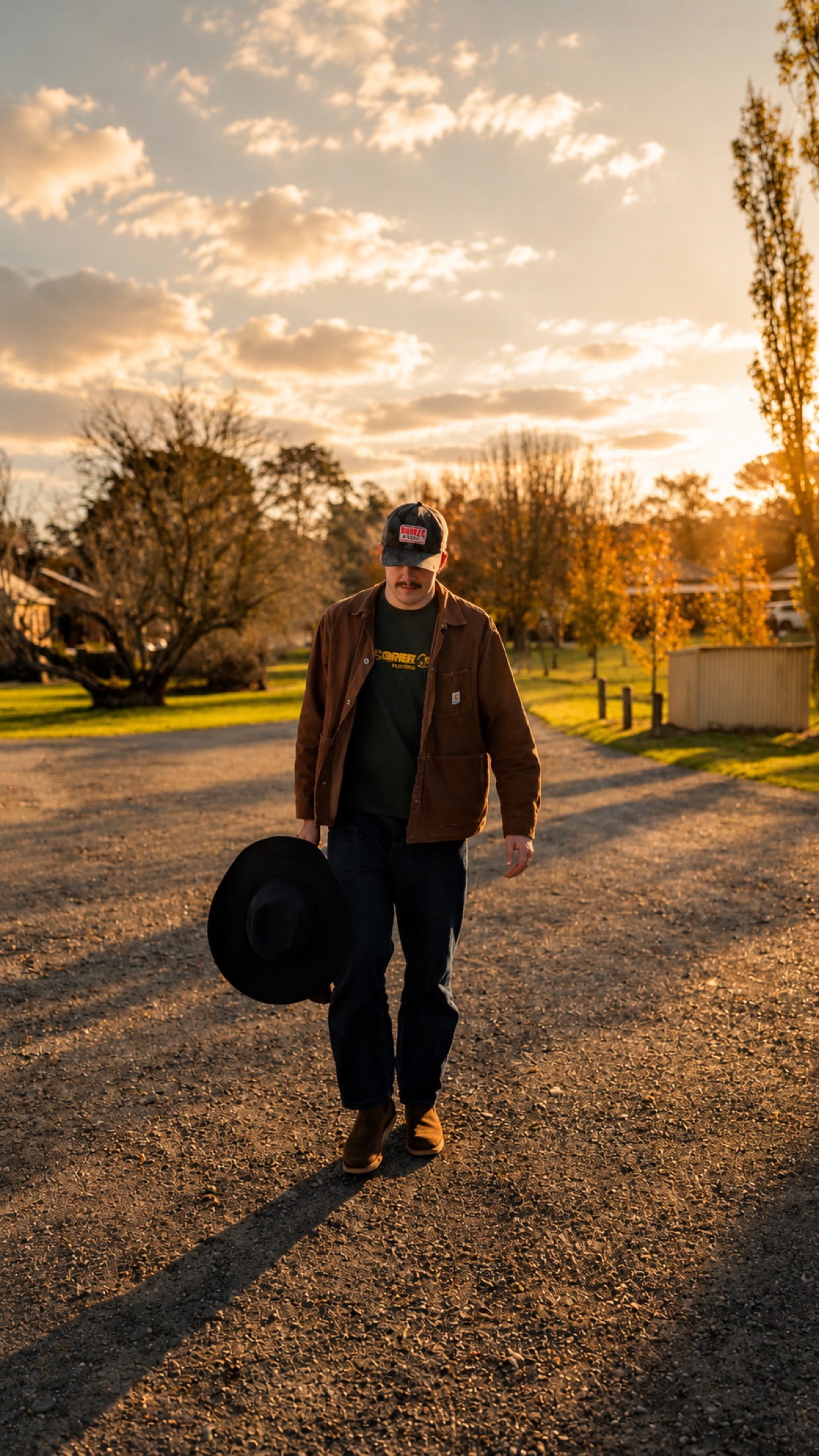 Kai Rennie walking at sunset holding his hat